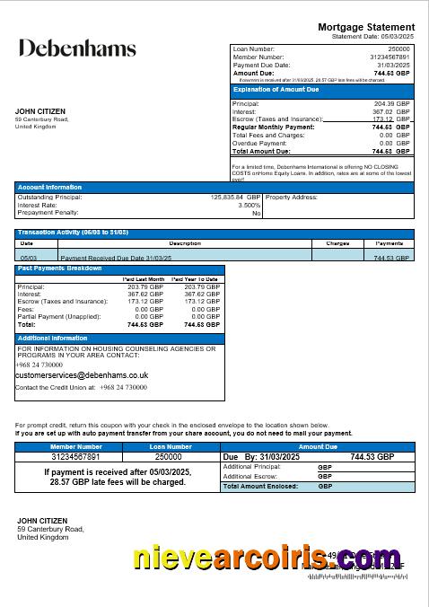 United Kingdom Debenhams Mortgage Statement In Word And PDF Formats Template