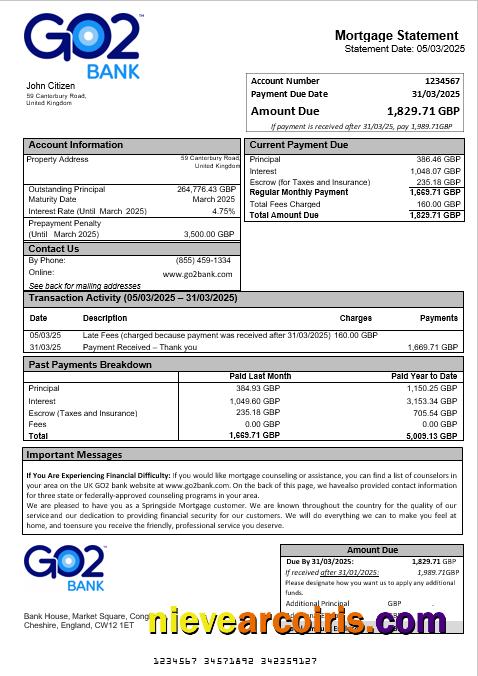 United Kingdom GO2 Bank Mortgage Statement In Word And PDF Formats Template
