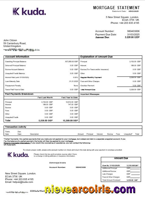 United Kingdom Kuda Bank Mortgage Statement In Word And PDF Formats Template