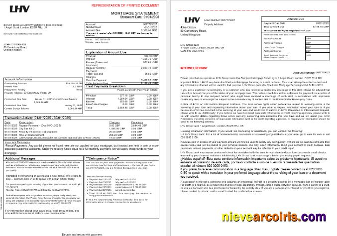United Kingdom LHV Group Bank Mortgage Statement In Word And PDF Formats, 3 Pages 1 2 Preview