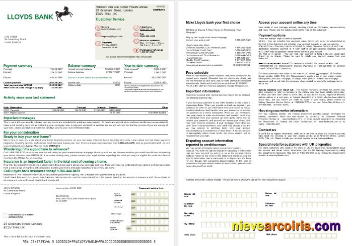 United Kingdom Lloyds Bank Mortgage Statement In Word And PDF Formats, 2 Pages Photolook