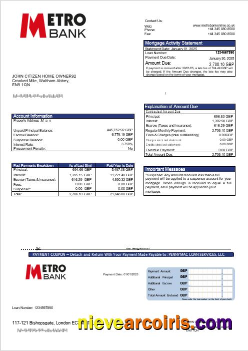 United Kingdom Metro Bank Mortgage Statement In Word And PDF Formats Photolook