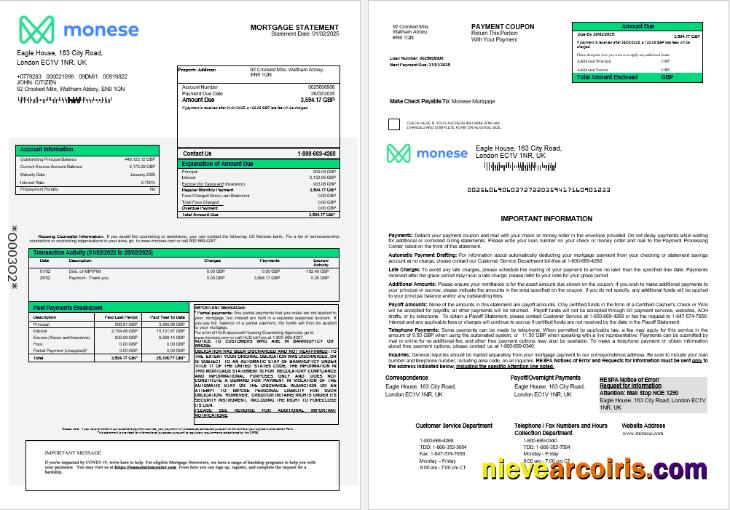 United Kingdom Monese Bank Mortgage Statement In Word And PDF Formats 1 2 Sample