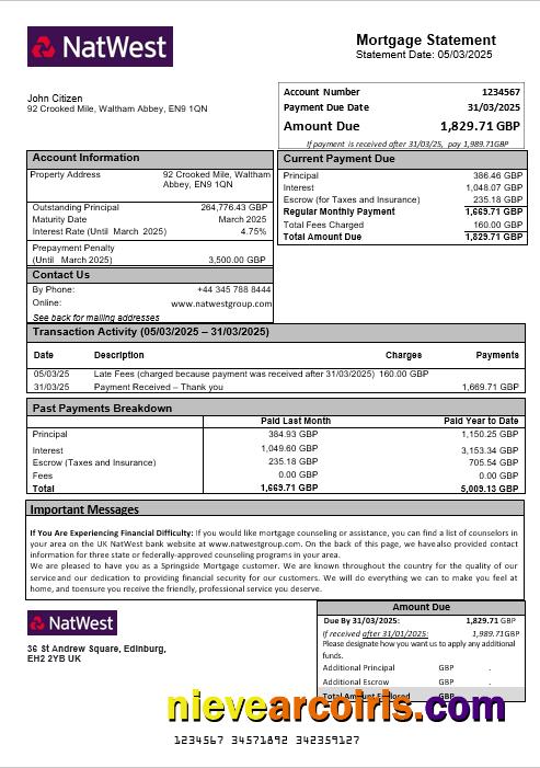 United Kingdom NatWest Bank Mortgage Statement In Word And PDF Formats Preview
