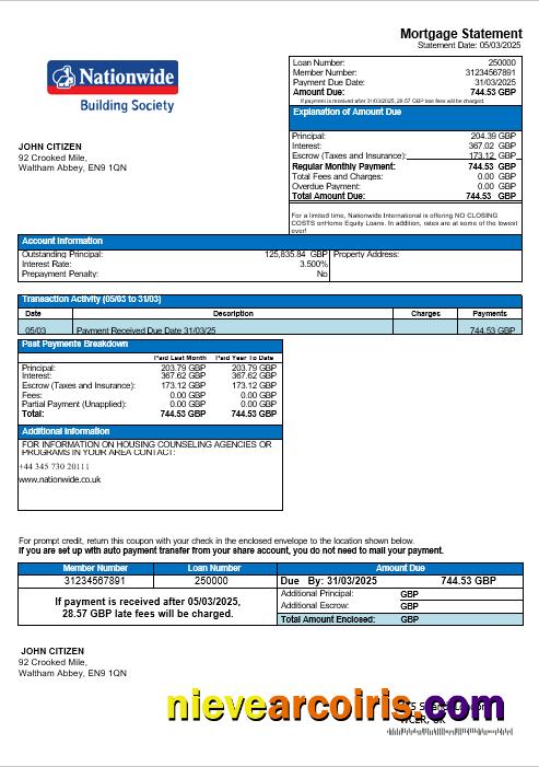 United Kingdom Nationwide Bank Mortgage Statement In Word And PDF Formats Template