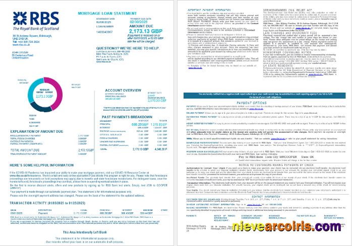 United Kingdom Royal Bank Of Scottish (RBS) Bank Mortgage Loan Statement In Word And PDF Formats , 4 Pages 1 2 Sample