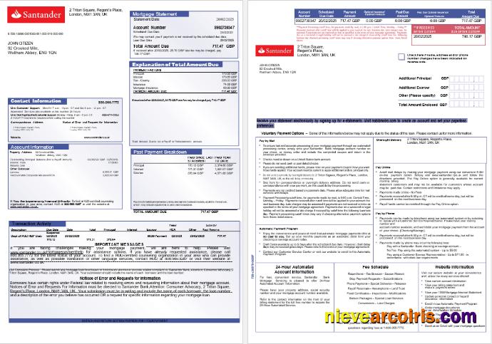 United Kingdom Santander Bank Mortgage Statement In Word And PDF Formats, 3 Pages 1 2 Photolook