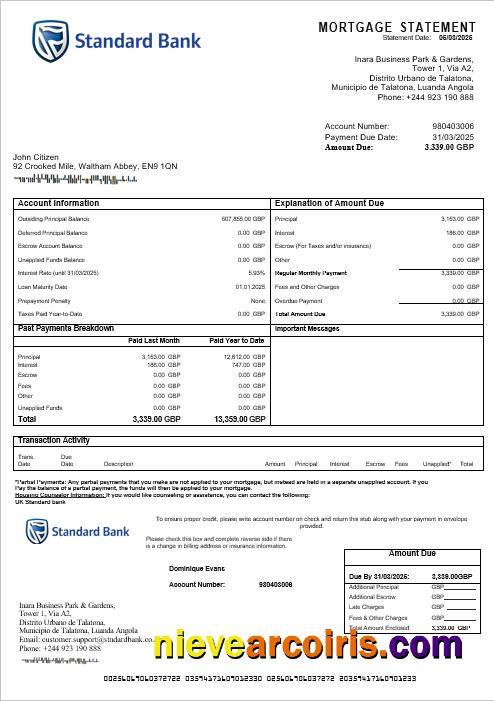 United Kingdom Standard Bank Mortgage Statement In Word And PDF Formats Template