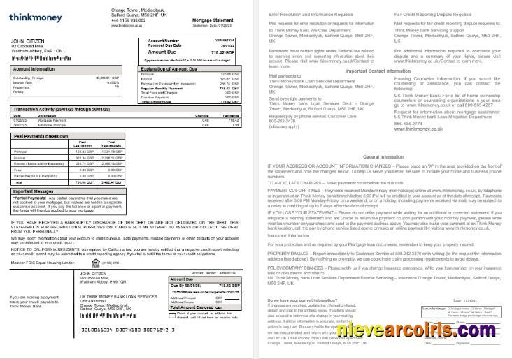 United Kingdom Think Money Bank Mortgage Statement In Word And PDF Formats Preview