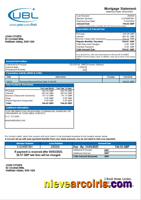 United Kingdom United Bank Ltd (UBL) Bank Mortgage Statement In Word And PDF Formats Sample