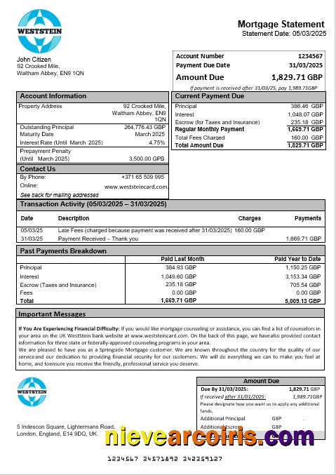 United Kingdom WestStein Bank Mortgage Statement In Word And PDF Formats Template