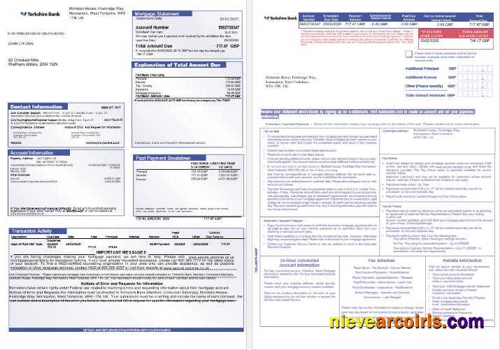United Kingdom Yorkshire Bank Mortgage Statement In Word And PDF Formats, 3 Pages 1 2 Sample