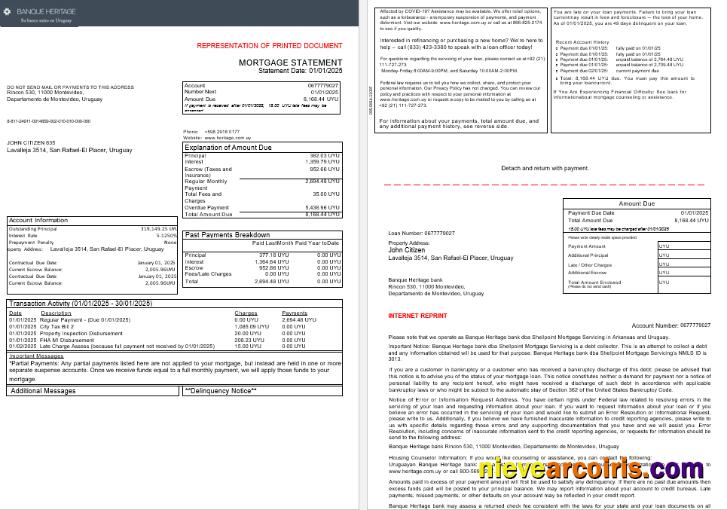 Uruguay Banque Heritage Bankmortgage Statement In Word And PDF Formats, 3 Pages 1 2 Preview