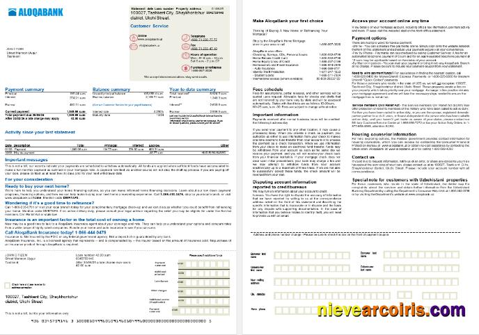 Uzbekistani Aloqabank Mortgage Statement In Word And PDF Formats, 2 Pages Sample