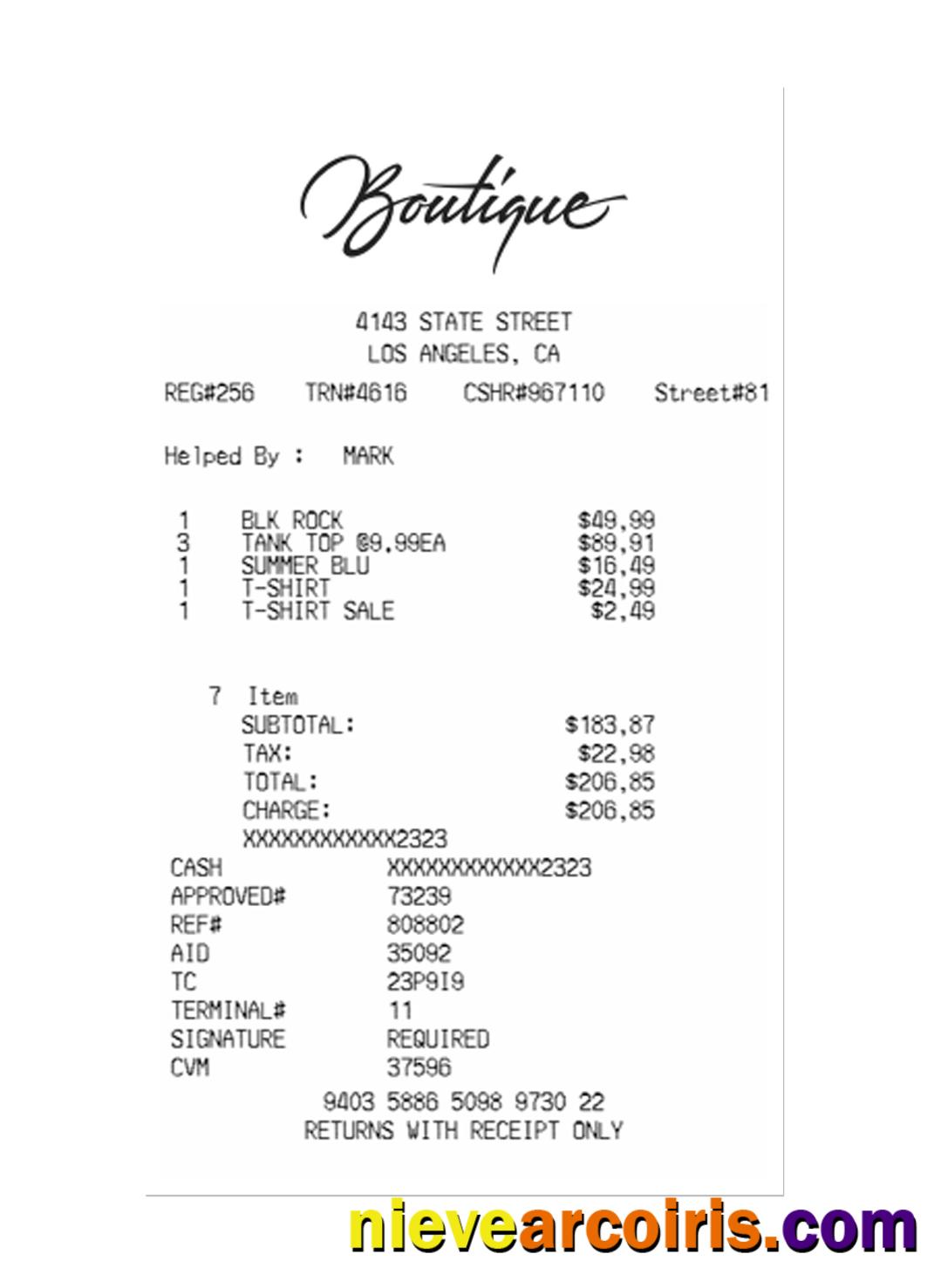 BOUTIQUE Payment Receipt Sample