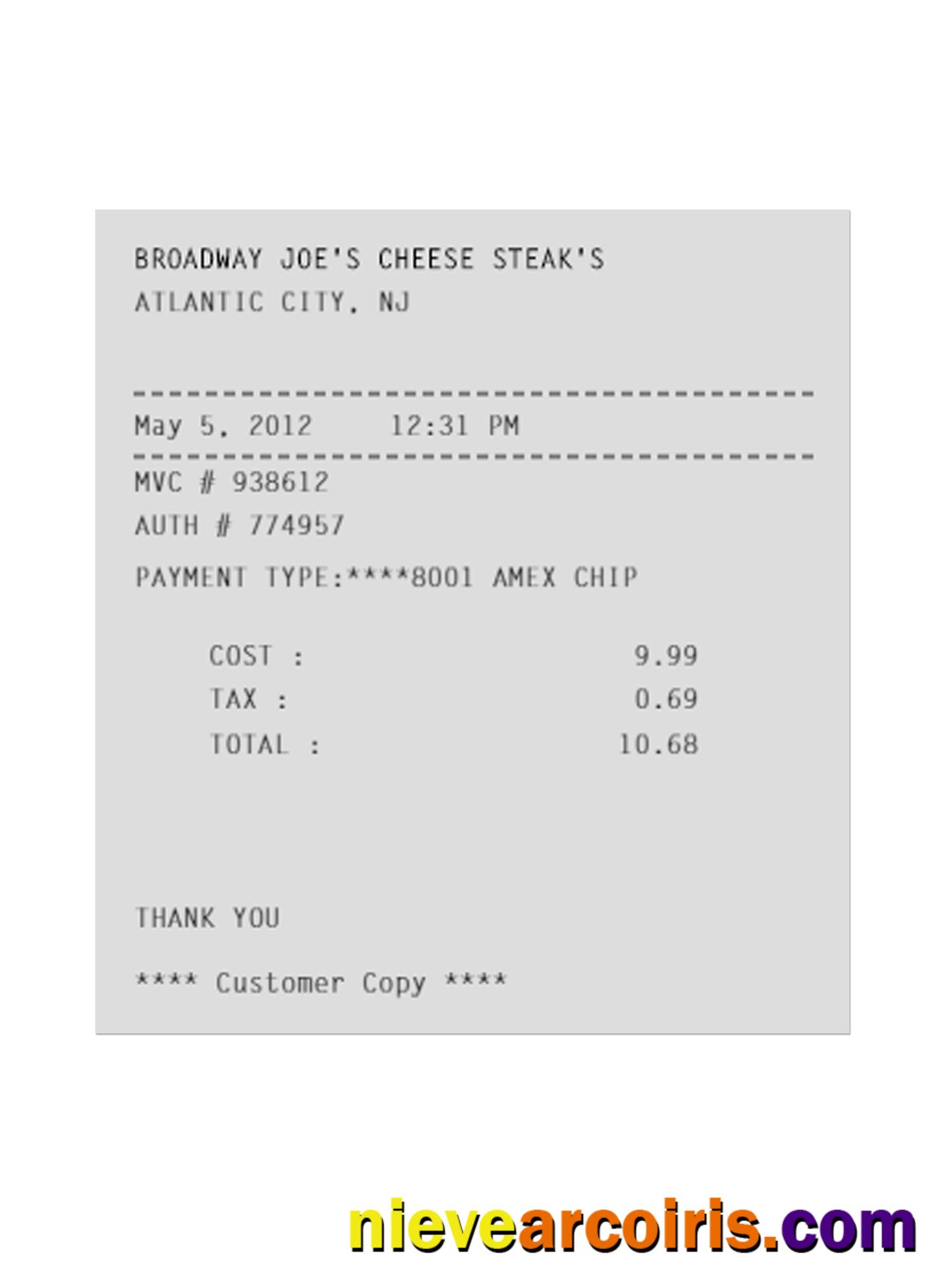 BROADWAY JOE'S CHEESE STEAK'S Payment Receipt Template