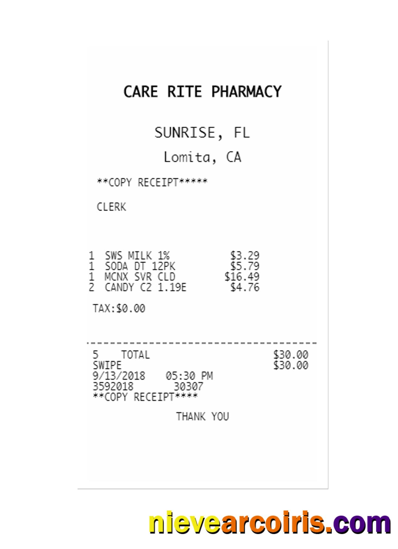 CARE RITE PHARMACY Payment Check Sample