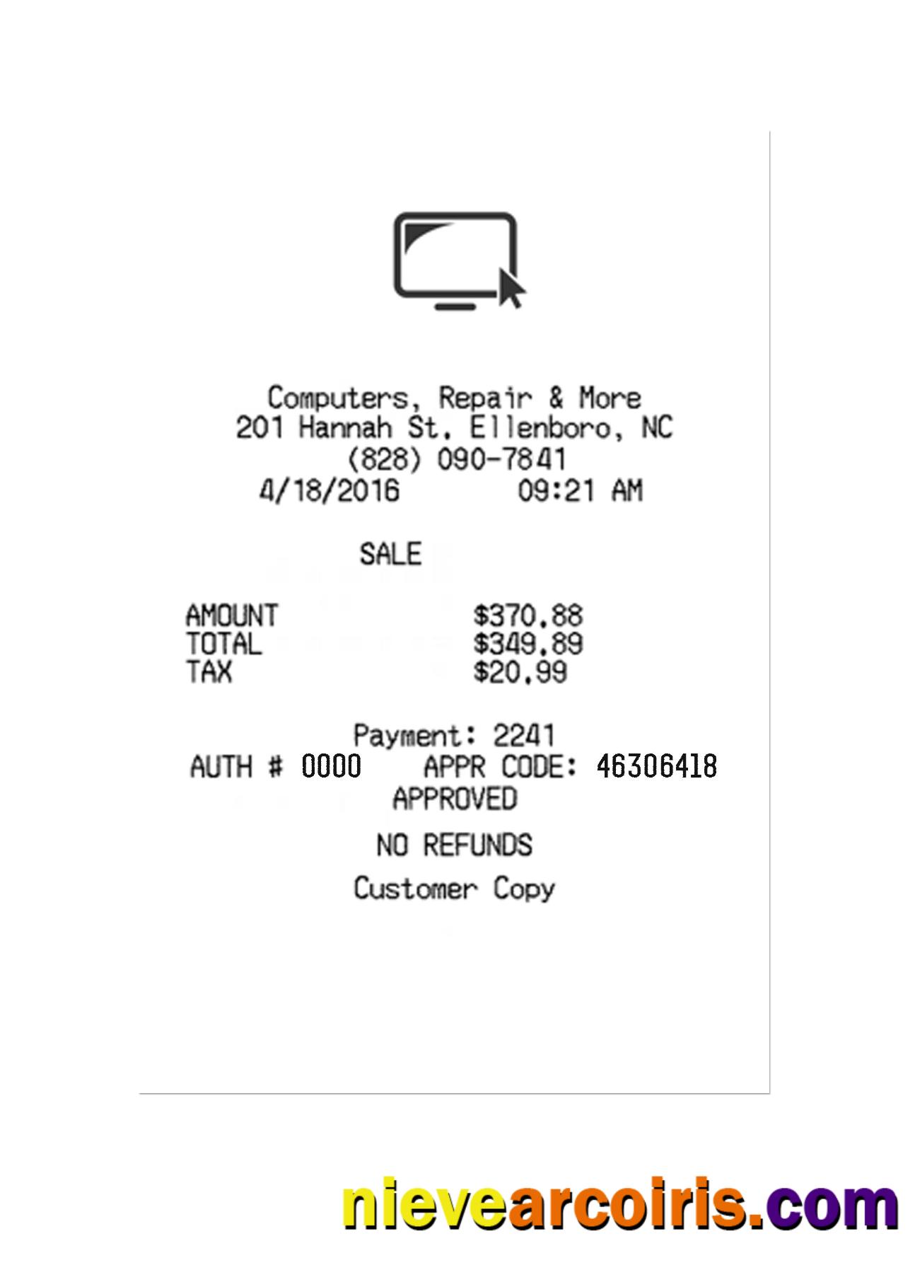 COMPUTERS,REPAIR & MORE Payment Receipt Sample