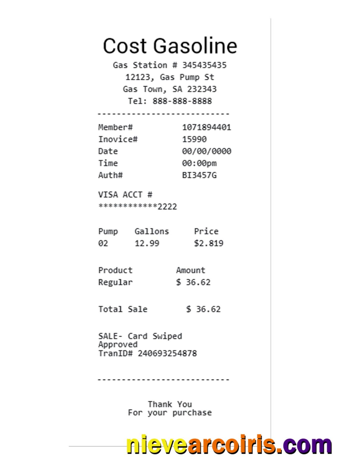 Editable COST GASOLINE Payment Check Template
