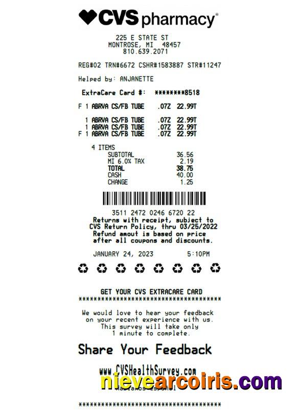 CVS Pharmacy Receipt Sample