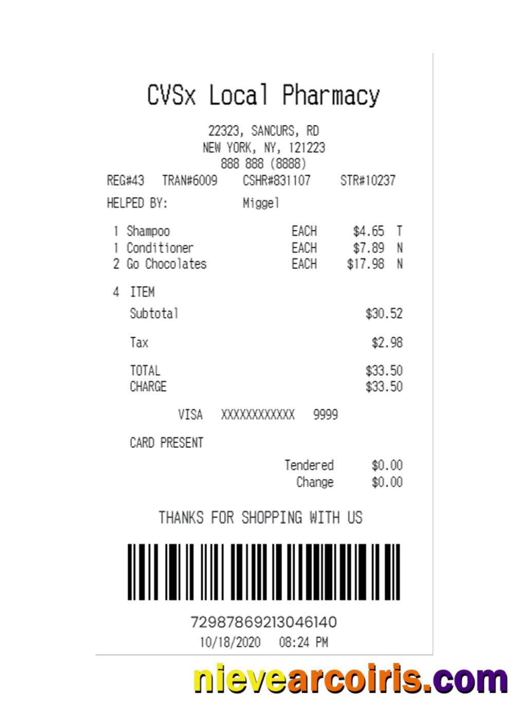 CVSx LOCAL PHARMACY Payment Receipt Template
