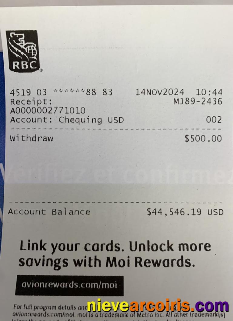 Canada RBC Bank Payment Check Sample