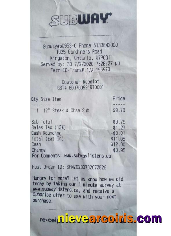 Canada Subway Company Payment Receipt Photolook