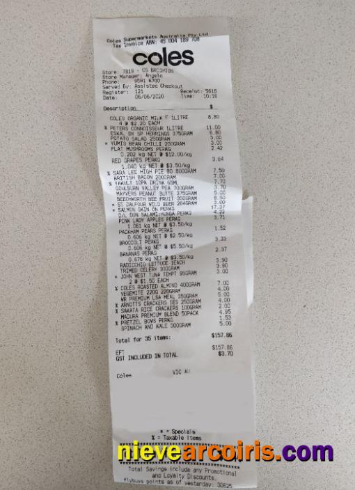 Coles Supermarket Payment Receipt Preview