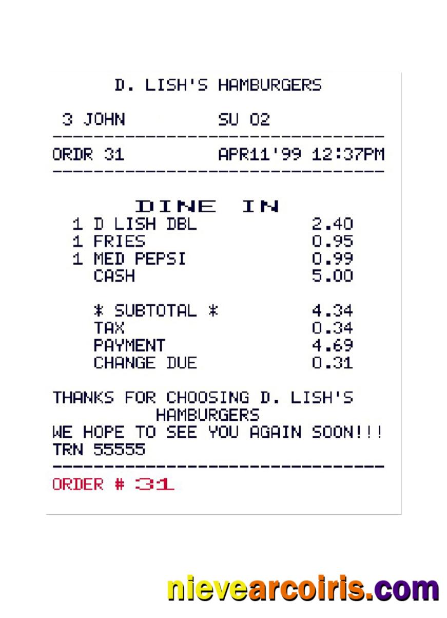 D. LISH'S HAMBURGERS Payment Check Preview