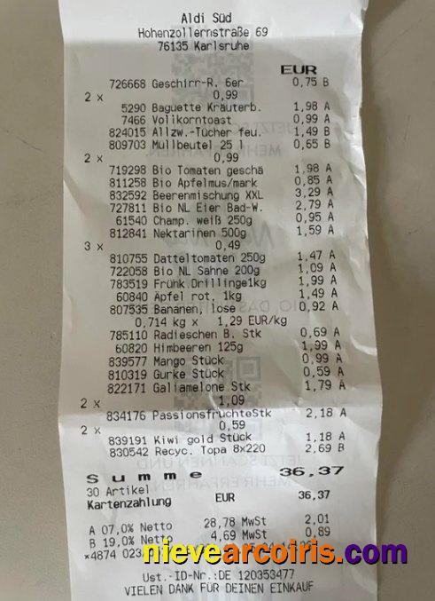 Germany Aldi Sud Supermarket Payment Receipt Sample