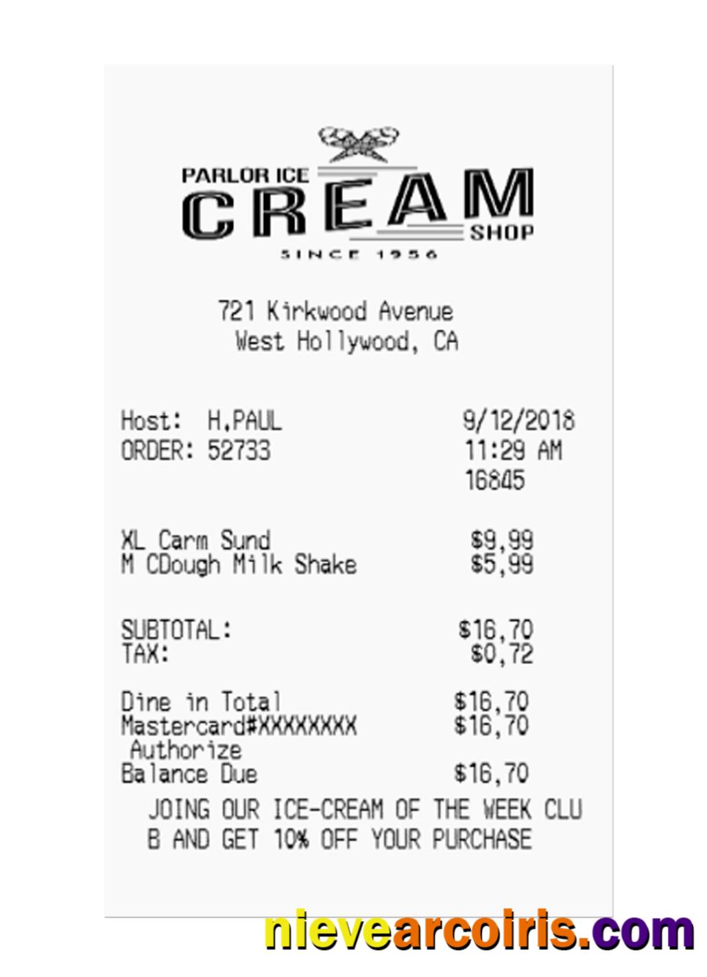 ICE CREAM SHOP Payment Check Sample