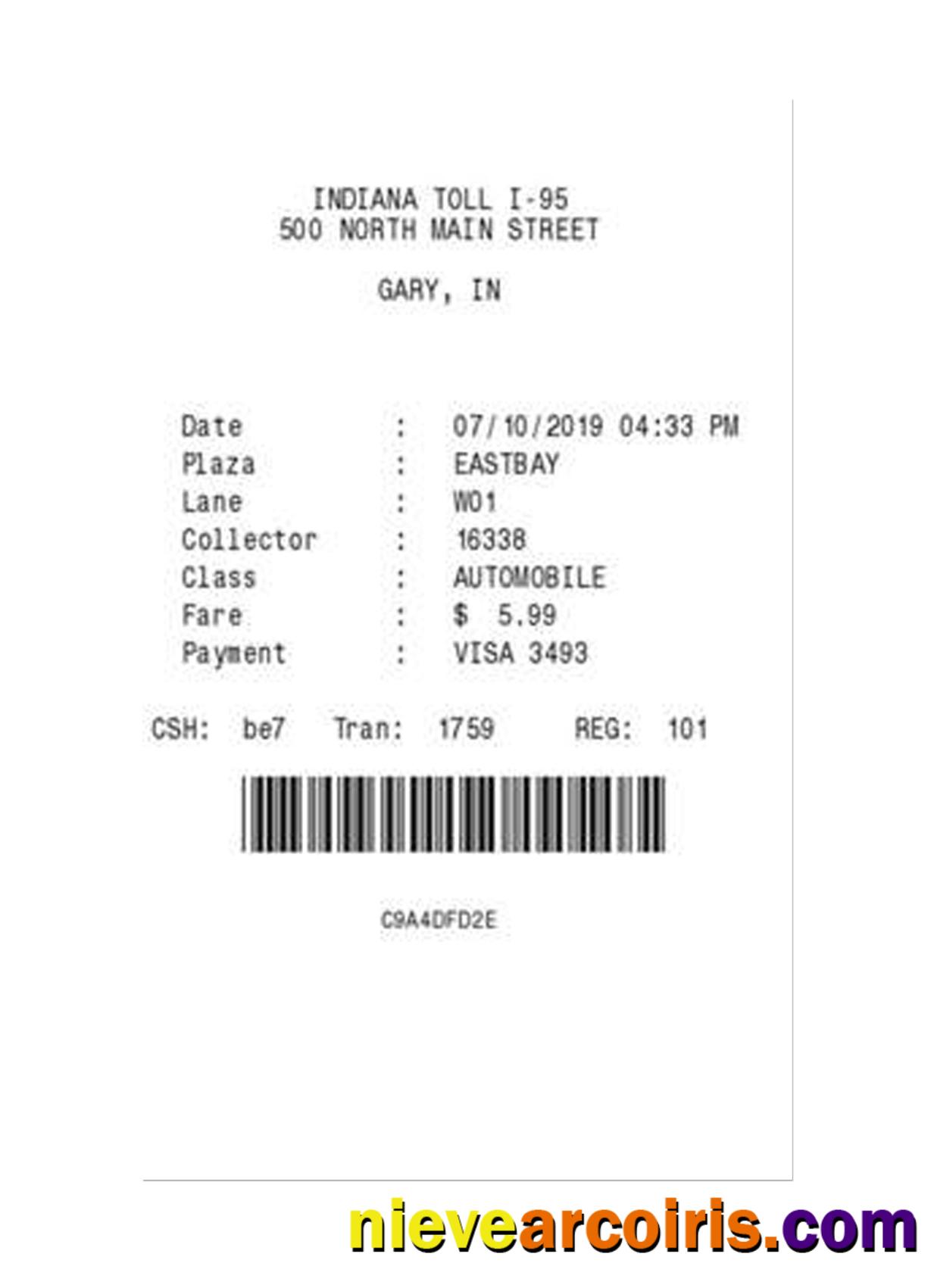 INDIANA TOLL Payment Check Sample