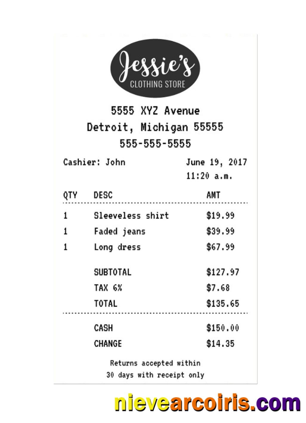JESSIE'S CLOTHING STORE Receipt Template