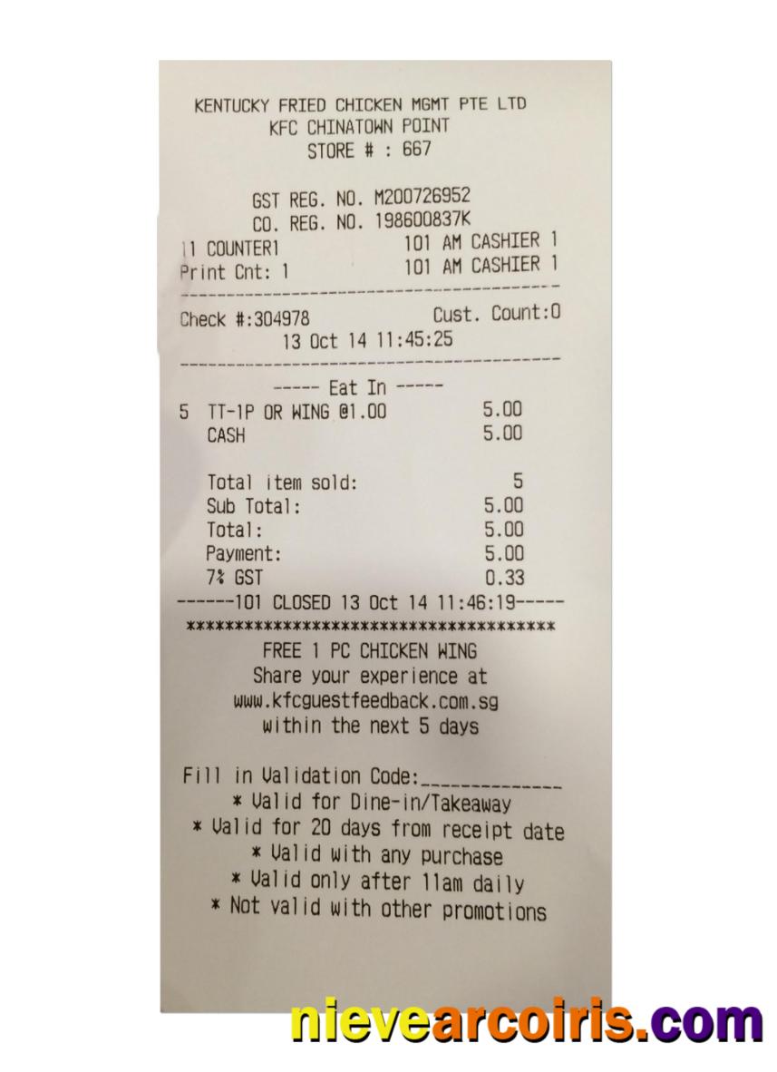 KFC Payment Receipt (version 2) Sample