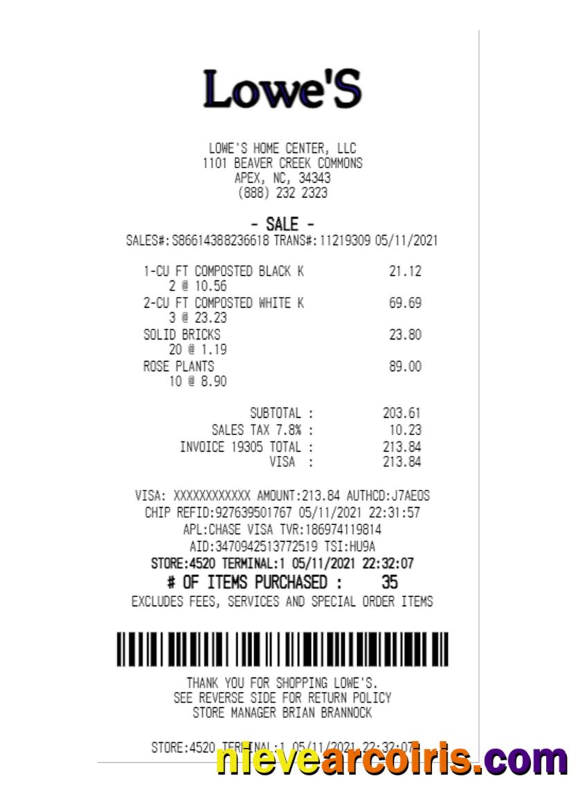 LOWE'S HOME CENTER Payment Receipt Template