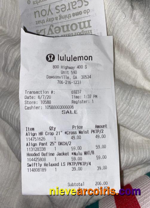 Lululemon Store Payment Receipt Sample