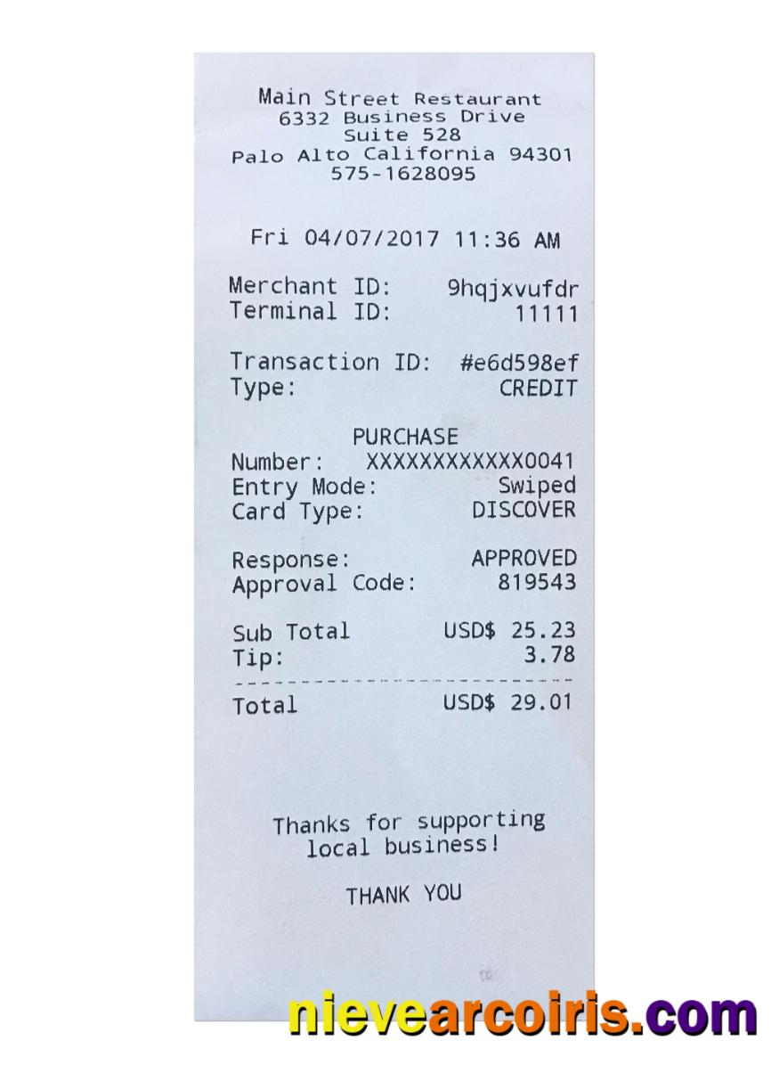 MAIN STREET RESTAURANT Payment Check Preview