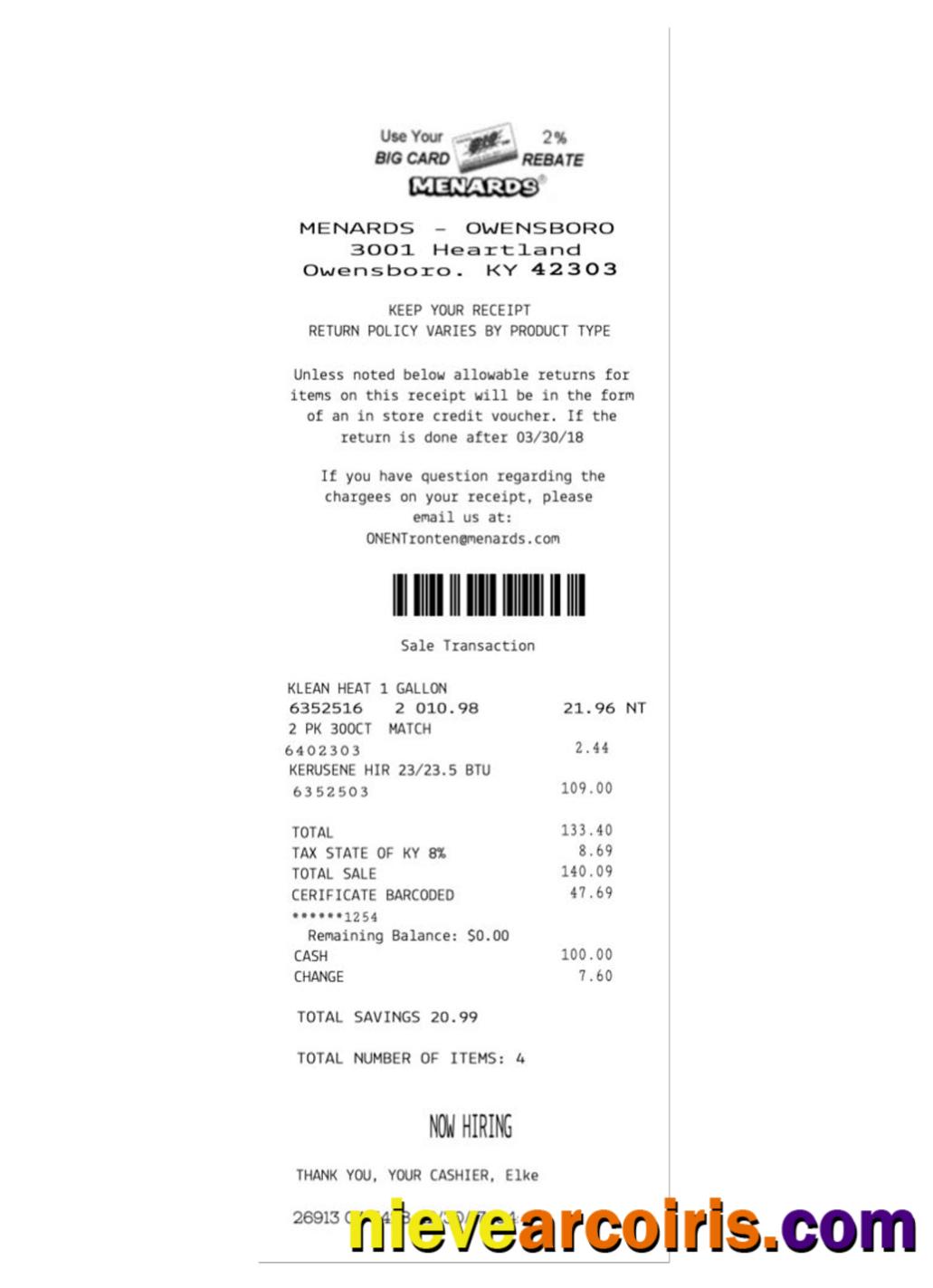MENARDS Payment Receipt Template