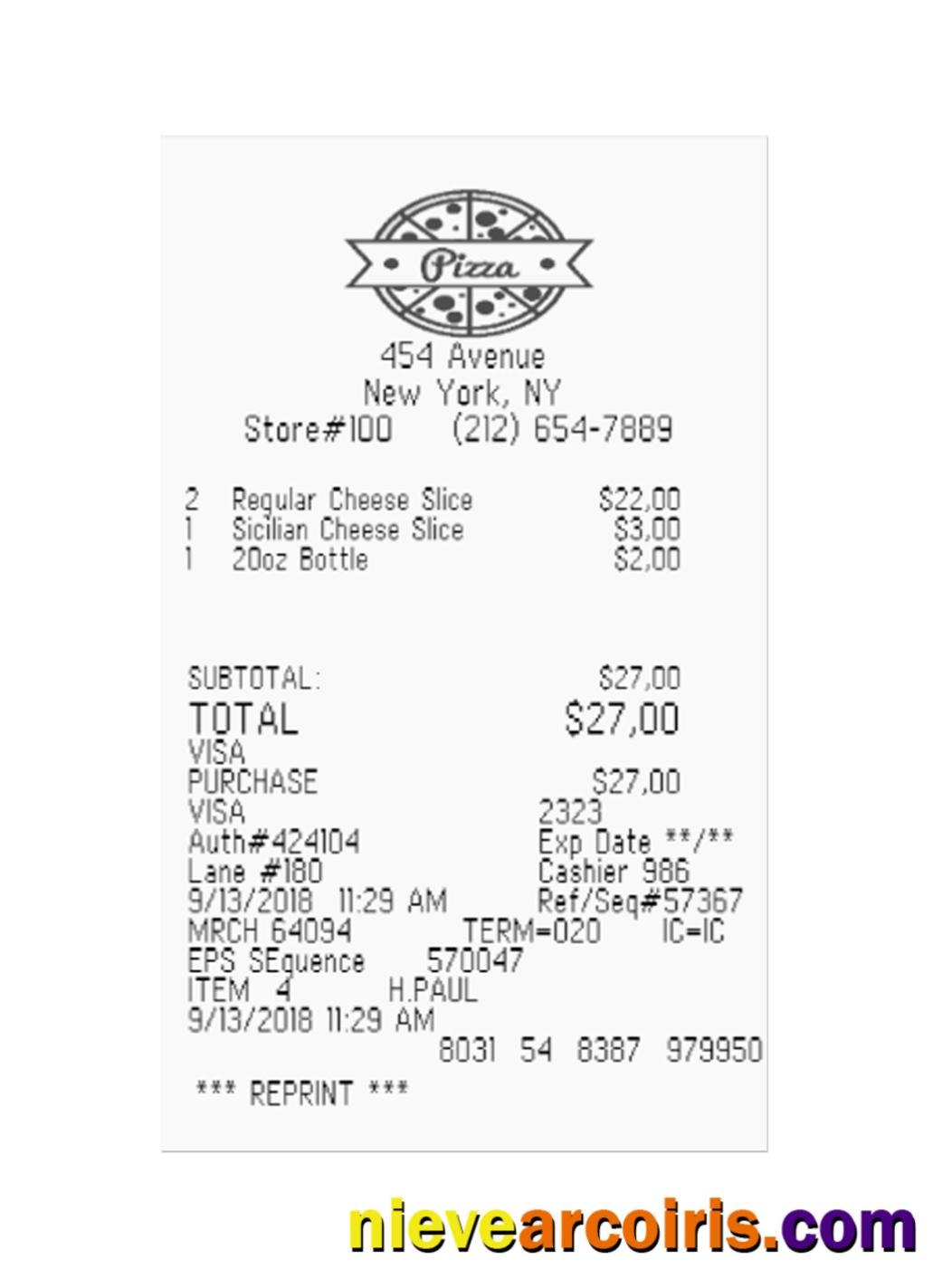 PIZZA Receipt Sample