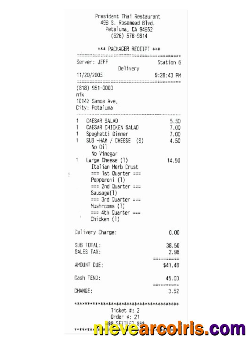 PRESIDENT THAI RESTAURANT Payment Check Template