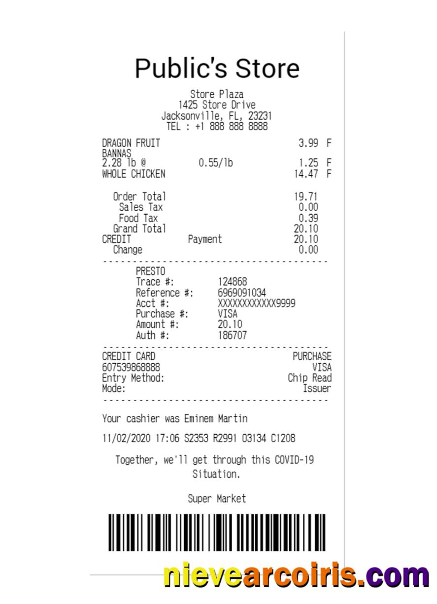 PUBLIC'S STORE Payment Receipt Sample