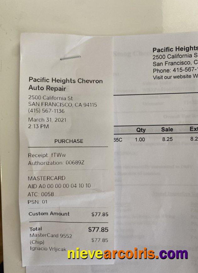 Pacific Heights Chevron Auto Repair Payment Receipt Sample