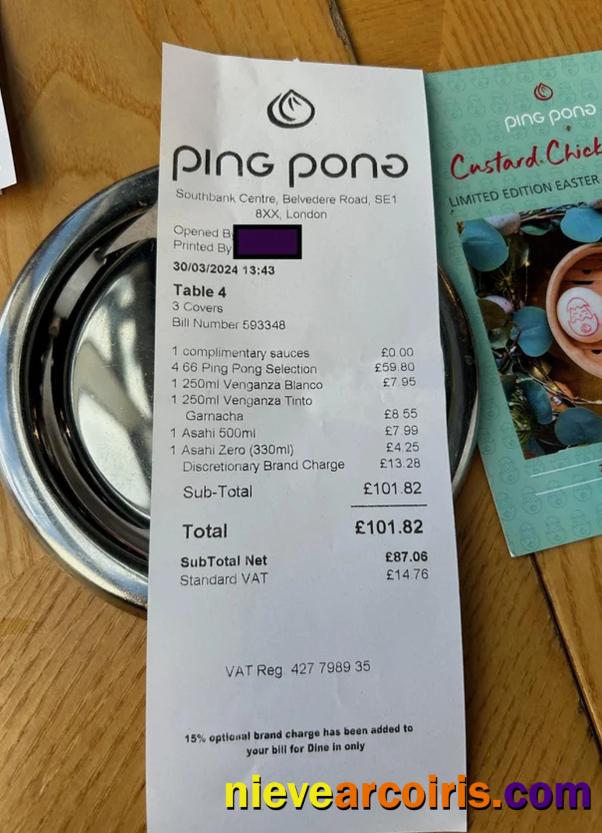 Ping Pong Restaurants Payment Receipt Photolook