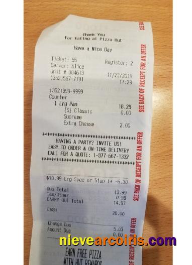 Pizza Hut Restaurant Payment Receipt Template