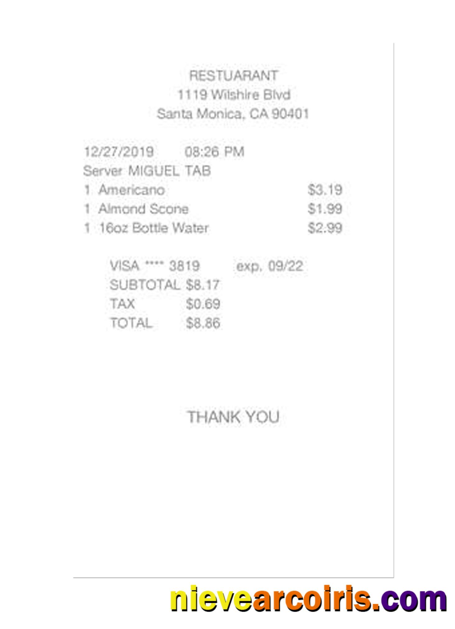 RESTUARANT Cash Receipt Template