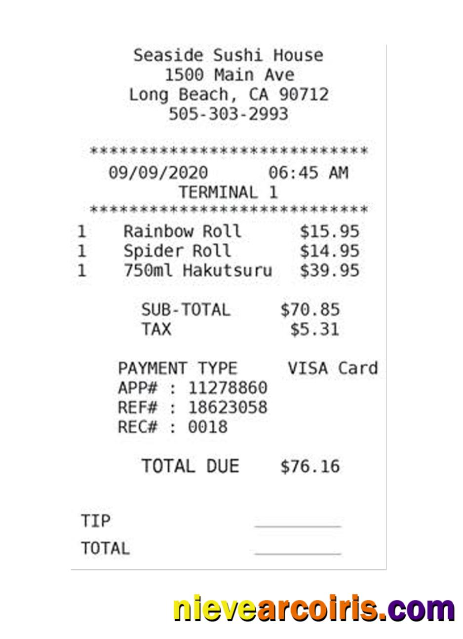 SEASIDE SUSHI HOUSE Payment Receipt Preview