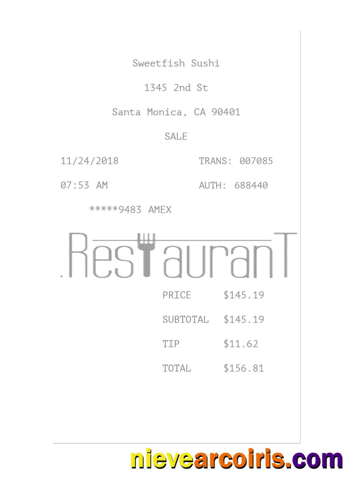 SWEETFISH SUSHI Payment Receipt Sample