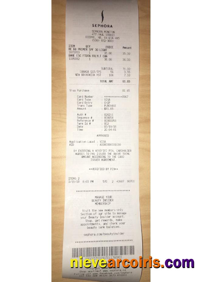Sephora Payment Receipt Sample