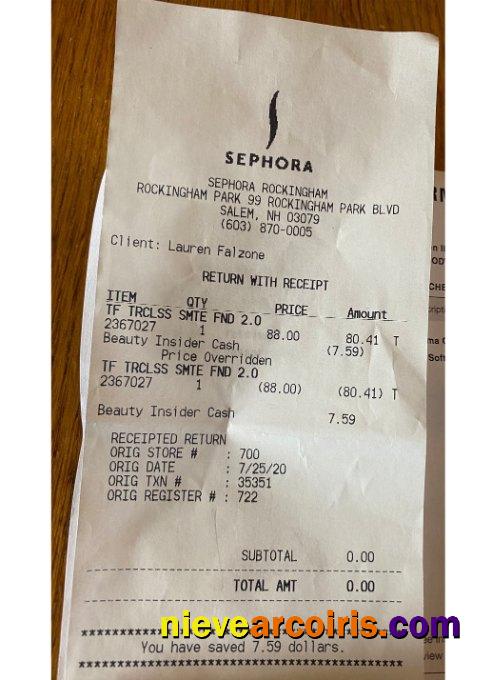 Sephora Store Payment Receipt Sample