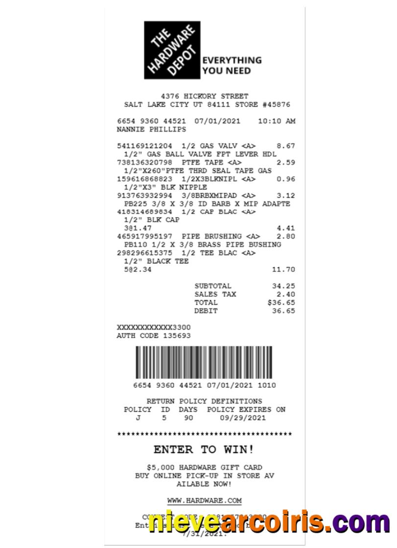 Realistic THE HARDWARE DEPOT Receipt Template